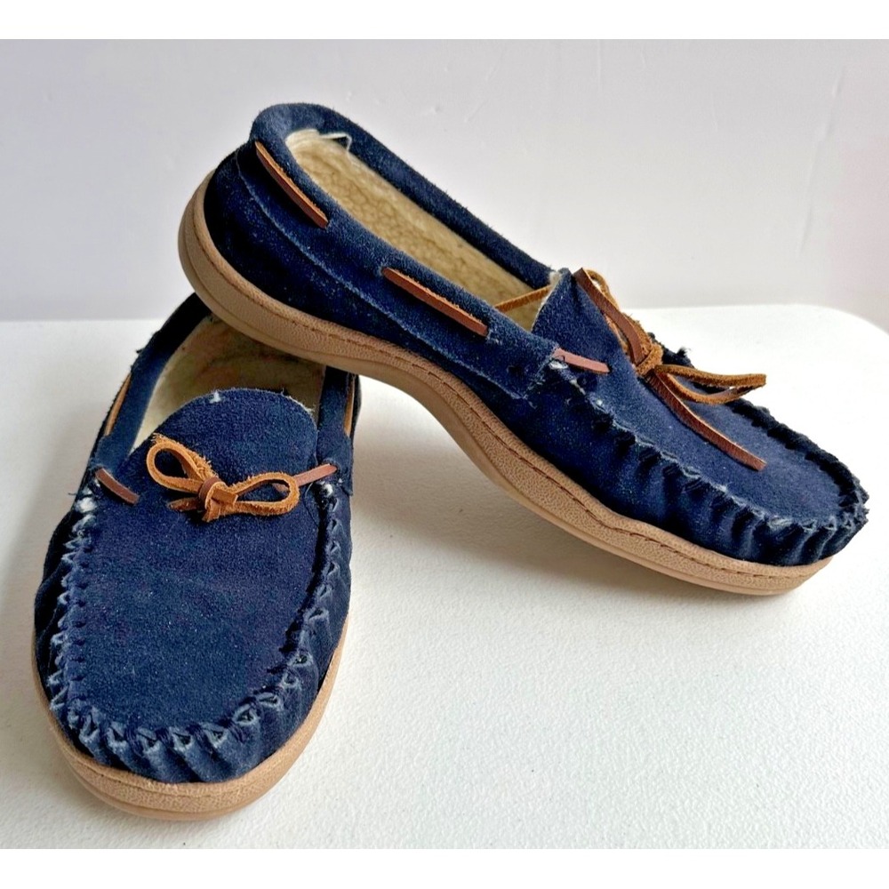 G.H. Bass Men's Suede Shearling Lined Moccasin Cabin Slippers Blue Size 9‎ Tie